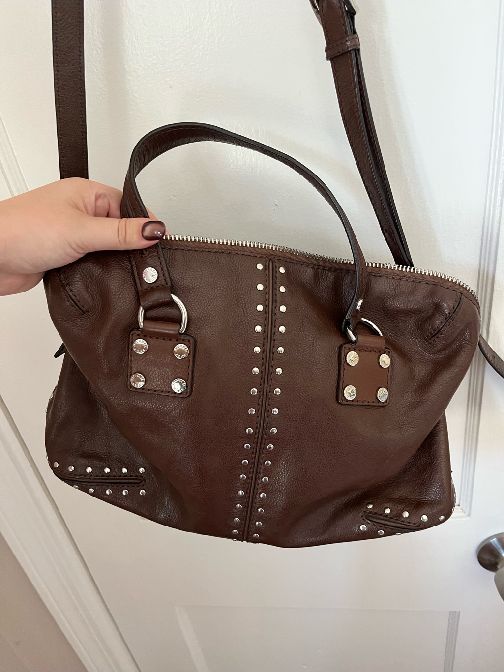 Michael Kors Brown Leather Silver Studded Crossbody Bag